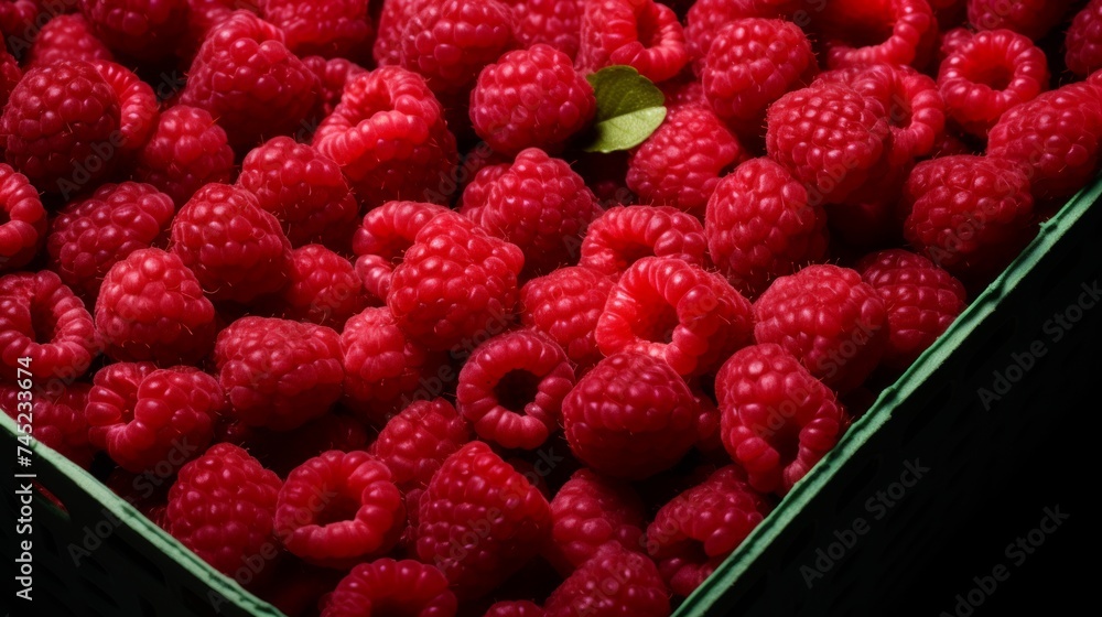 Poster Close-up realistic photo capturing a box filled with vibrant red raspberries Generative AI