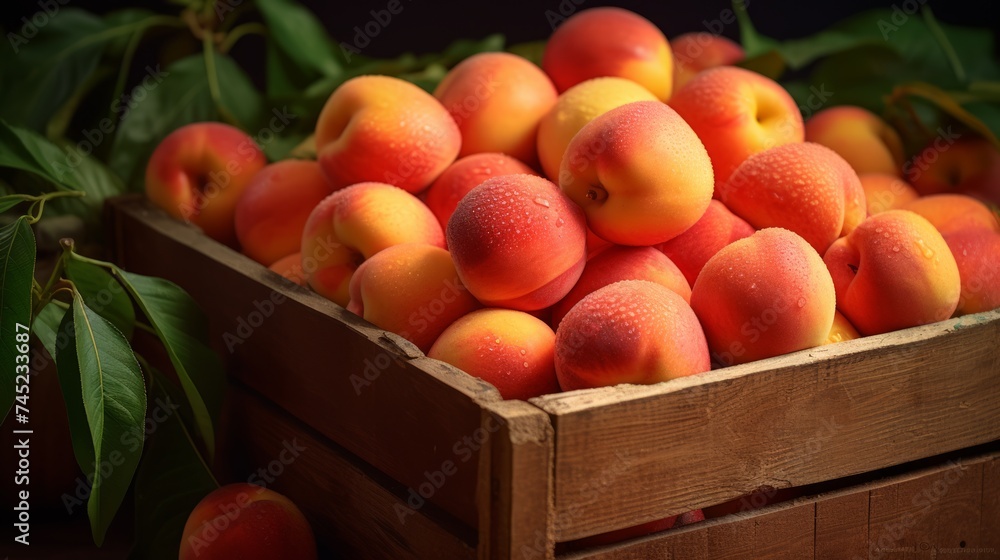 Poster Close-up realistic photo capturing a box filled with juicy nectarines Generative AI