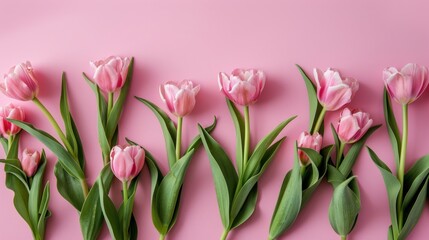 top view, light pink solid background; frame from pink tulips flowers, studio light