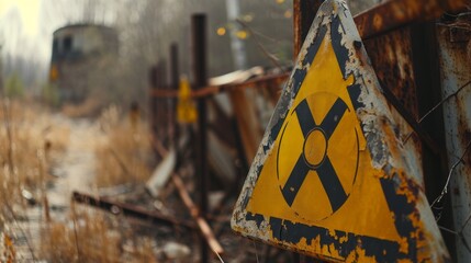 Generative AI Close-up of radioactive warning signs at Chernobyl, weathered warnings, haunting atmosphere, detailed linework, atmospheric scene