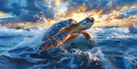 Fotobehang turtle swimming in the sea, Elegant Sea Turtle Cruising Capture the serenity of a sea turtle as it cruises effortlessly through the ocean, its streamlined body cutting through the water with ease real © waris