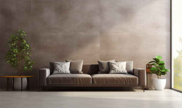 Modern living room interior with bright creamy sofa