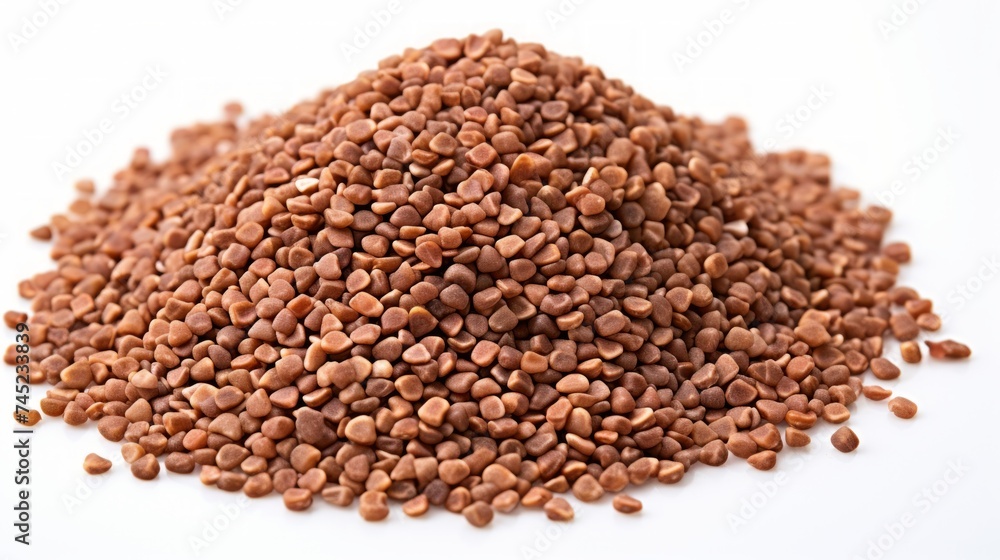 Poster Close-up realistic photo featuring a small heap of buckwheat groats on a white background Generative AI