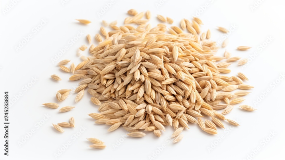 Poster close-up realistic photo featuring a small pile of oat grains on a white background generative ai