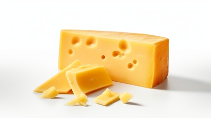 Close-up realistic photo featuring a sharp cheddar cheese piece against a white background Generative AI