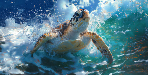 green sea turtle swimming, Elegant Sea Turtle Cruising Capture the serenity of a sea turtle as it cruises effortlessly through the ocean, its streamlined body cutting through the water with ease reali - obrazy, fototapety, plakaty