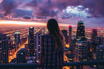 Young woman navigating a vibrant cityscape at twilight