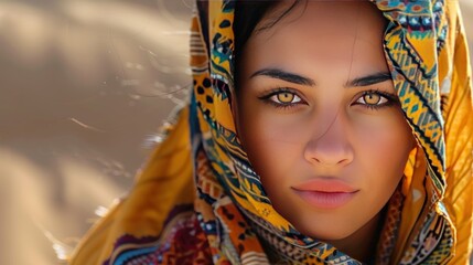 Face model of a veiled Arab woman with beautiful eyes in the desert AI generated image - obrazy, fototapety, plakaty