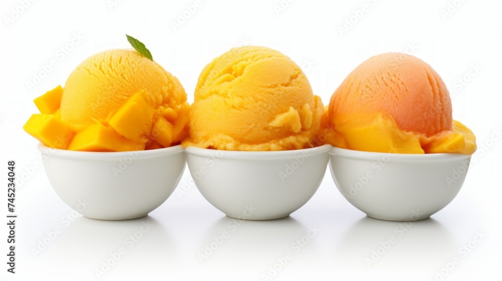Poster close-up realistic photo featuring three scoops of fruity mango sorbet on a white background generat