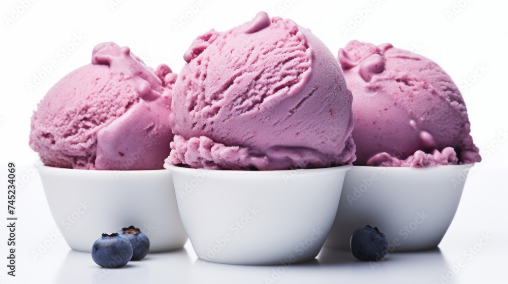 Poster close-up realistic photo featuring three scoops of luscious blueberry ice cream on a white backgroun