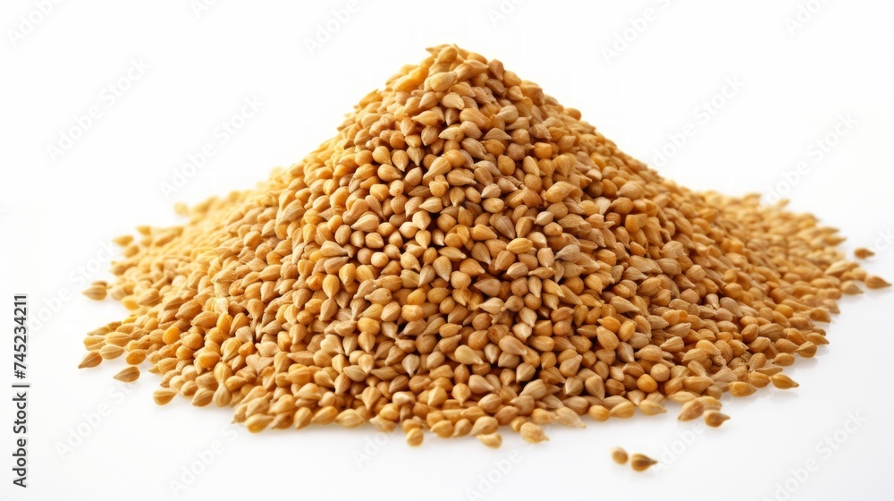 Poster close-up realistic photo of a small mound of millet seeds on a white background generative ai