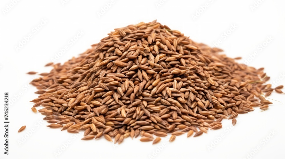 Poster close-up realistic photo of a small mound of rye grains on a white background generative ai