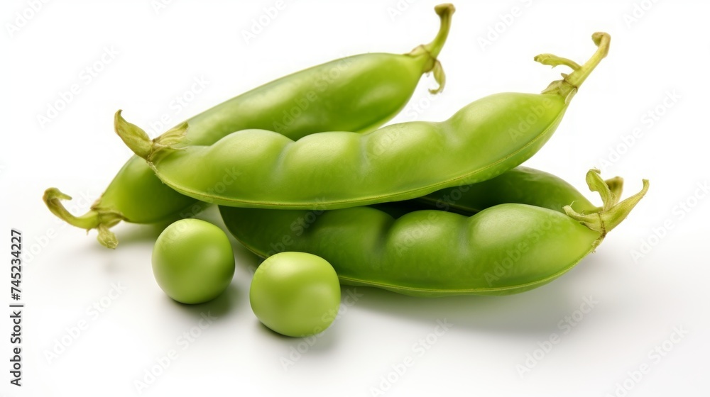 Poster close-up realistic photo of three freshly harvested green peas on a white background generative ai