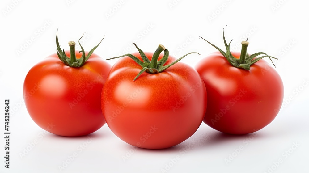 Poster close-up realistic photo of three plump, ripe tomatoes on a white background generative ai