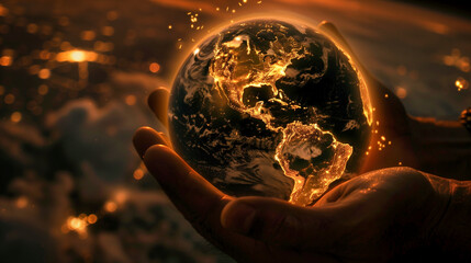 gold shining earth protect in the hand - obrazy, fototapety, plakaty