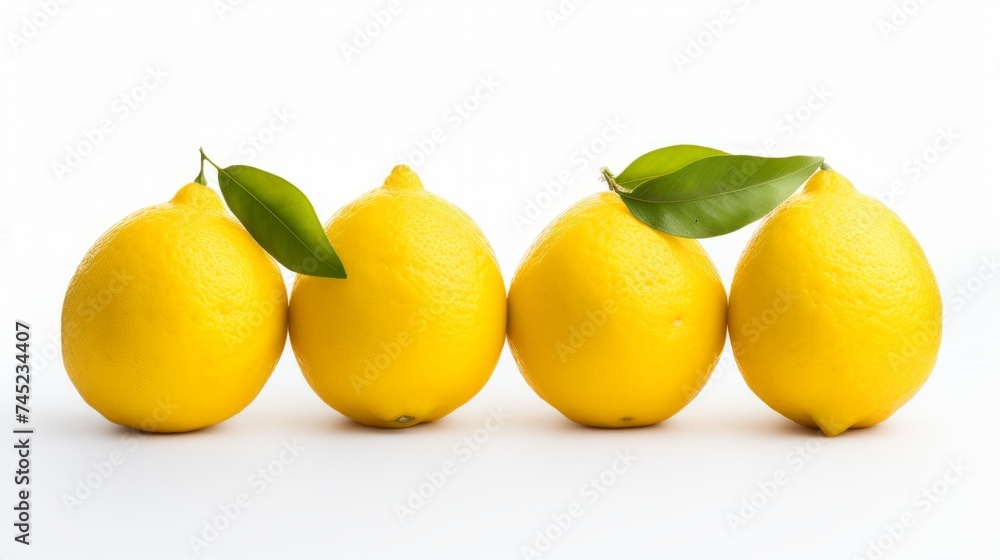 Aufkleber close-up realistic photo showcasing three vibrant yellow lemons on a white background generative ai
