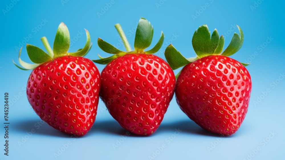 Poster close-up realistic photo showcasing three vibrant strawberries on a white background generative ai