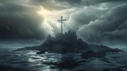 Fototapeta premium A large cross on a rocky island, surrounded by a dark, stormy sea under a dramatic sky with emerging sunlight, ai generative