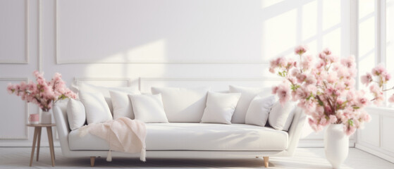Modern Minimal clean clear contemporary white living room interior  home interior design daylight background, white sofa furniture and flowers couch in living room daylight from window, copyspace