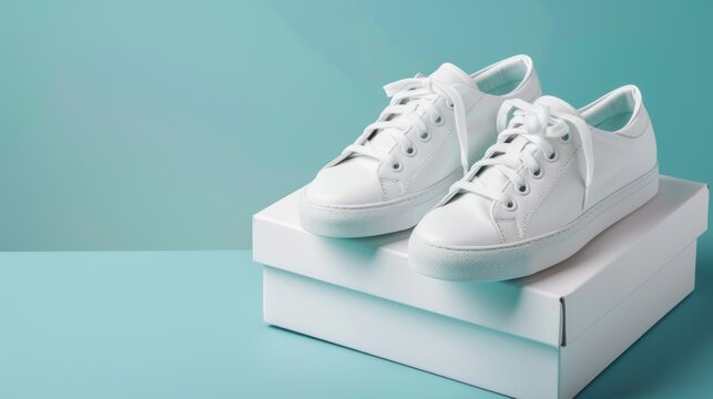 White sneakers on a white box advertising photo light blue background