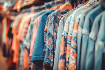 Clothing racks with a variety of colorful garments at a fashion retail store, perfect for shopping themes. - obrazy, fototapety, plakaty