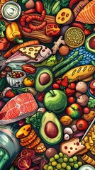 Avocado, Meat, chicken, beef, pork, turkey, fish, salmon, tuna, trout, eggs, wheat, oat, Legumes, whole grains, bread, brown rice, milk, cheese, yogurt, Anthropomorphic