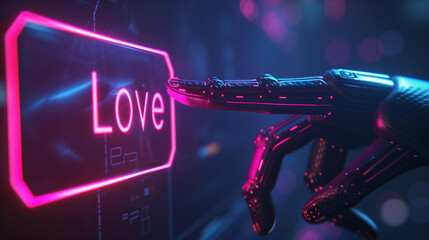 Futuristic Hand Pressing Holographic Neon Button. Suitable for Valentine's day design.