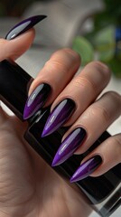 spring classic french DarkPurple-biege nail art nails, one hand with a black can of nail polish, beautiful,perfect fingers, perfect long nails, beautiful nail photography, realistic - obrazy, fototapety, plakaty
