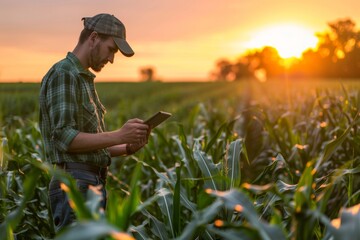 Naklejka na ściany i meble Agronomist and Farmer Analyzing Corn Growth Using Tablet at Sunset in Cornfield