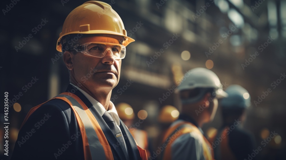 Poster generative ai construction site with a builder leading a safety briefing, ensuring compliance, team 