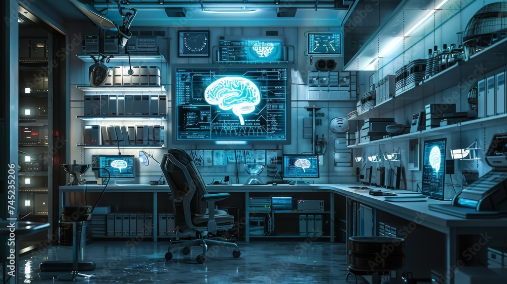 Poster modern lung study laboratory and monitors eeg reading brain functioning model