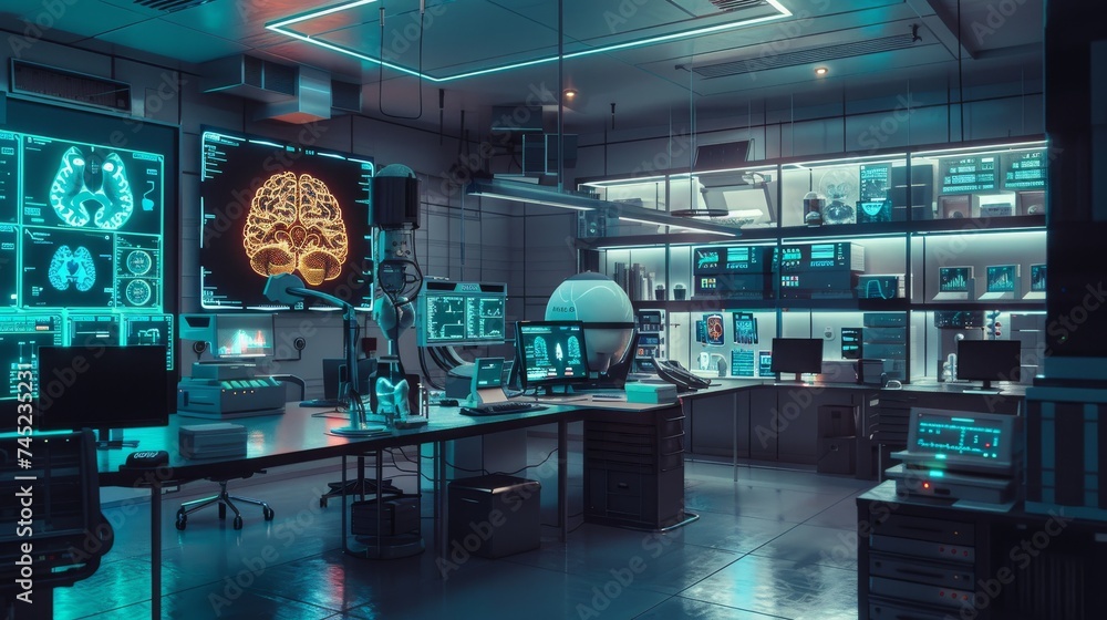 Poster modern lung study laboratory and monitors eeg reading brain functioning model