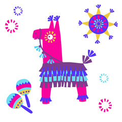 cartoon animal pinata isolated on white background. Vector illustration of colorful paper accessories in shape of lama, for traditional mexican party