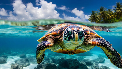 Podwodna podróż - spotkanie z żółwiem morskim - obrazy, fototapety, plakaty