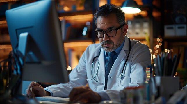 Hispanic Doctor's Office- Experienced Head Doctor Sitting at Desk Working on Personal Computer. Medical Health Care Specialist Filling Prescription Forms, Checking Analysis Test Results