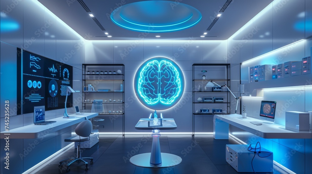 Poster modern lung study laboratory and monitors eeg reading brain functioning model