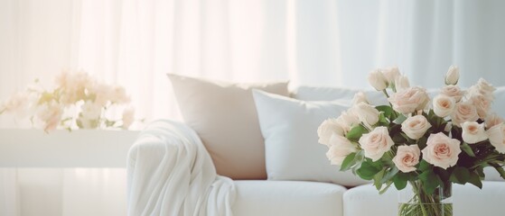 Modern Minimal clean clear contemporary white living room interior  home interior design daylight background, white sofa furniture and flowers couch in living room daylight from window, copyspace