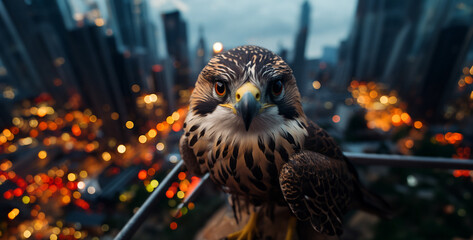 portrait of a barn owl sitting on a branch, Fascinating Falcon in Urban Setting Capture the juxtaposition of nature and civilization with an image of a falcon perched on a city skyscraper, its sharp e