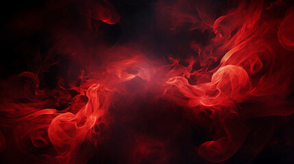 Image of puffs of red smoke in a dynamic and exciting composition on a dark background with copy space. Abstract smoke and fog cloud on black background, fire design and darkness concept