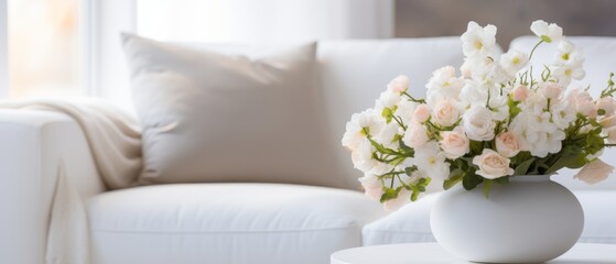 Modern Minimal clean clear contemporary white living room interior  home interior design daylight background, white sofa furniture and flowers couch in living room daylight from window, copyspace