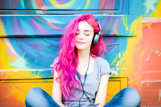 Young girl with pink hair, sitting on the street with colorful background and listening to music with her headphones