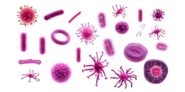 Collection of pink viruses, germs and bacteria isolated on a white background as transparent PNG