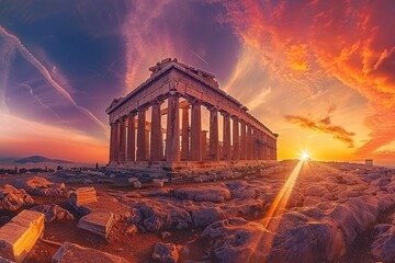 Parthenon Athens Greece sun beams and sunset colors