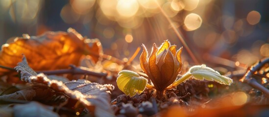 A detailed view of a horse chestnut sprout with vibrant green leaves lying on the ground, illuminated by the spring sun. - obrazy, fototapety, plakaty