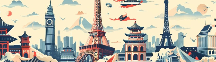 Stylized Illustration of Iconic World Landmarks