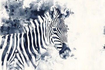 Fototapeta na wymiar Zebra, watercolor image with copy space. Monochrome