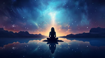 Fotobehang Spirit of the universe silhouette, meta woman on galaxy space background, new quality, colorful spirit, mirror reflection, illustration. Meditation concept © Анна Ілющенко