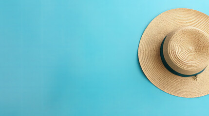 Summer banner, top view, straw hat isolated on blue background with copy space. The concept of summer beach vacation. - obrazy, fototapety, plakaty