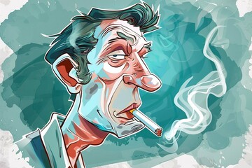 Portrait d'un homme foment une cigarette style cartoon caricature 