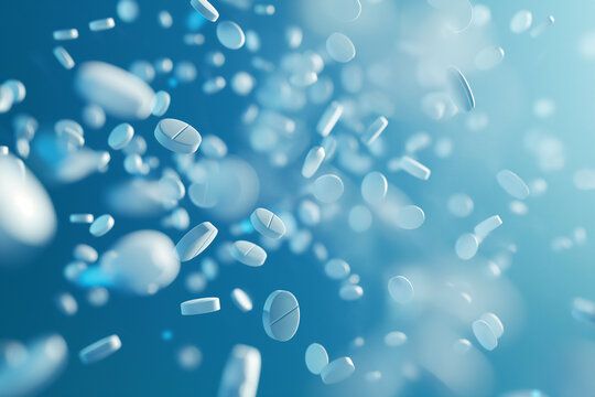 Close-up group of antibiotic pills falling down  group of antibiotics Health care and medical background